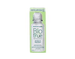 Box packaging shows Biotrue Travel Solution, compact on-the-go care for lenses.