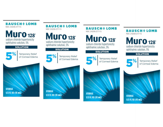 Bausch + Lomb Muro 128 5% bottle ready for use, potential temporary relief for corneal edema.