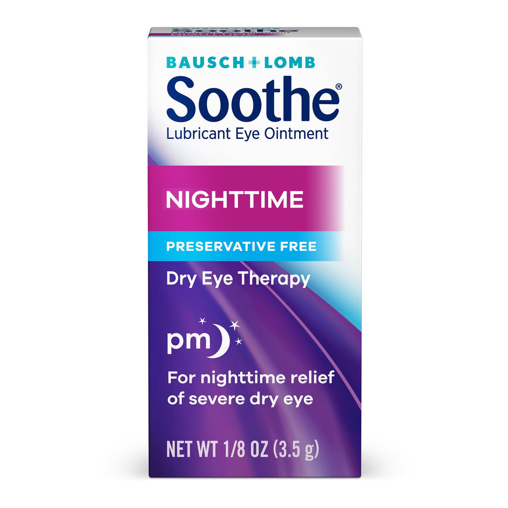 Bausch + Lomb Soothe Night Time ointment in use at night scene