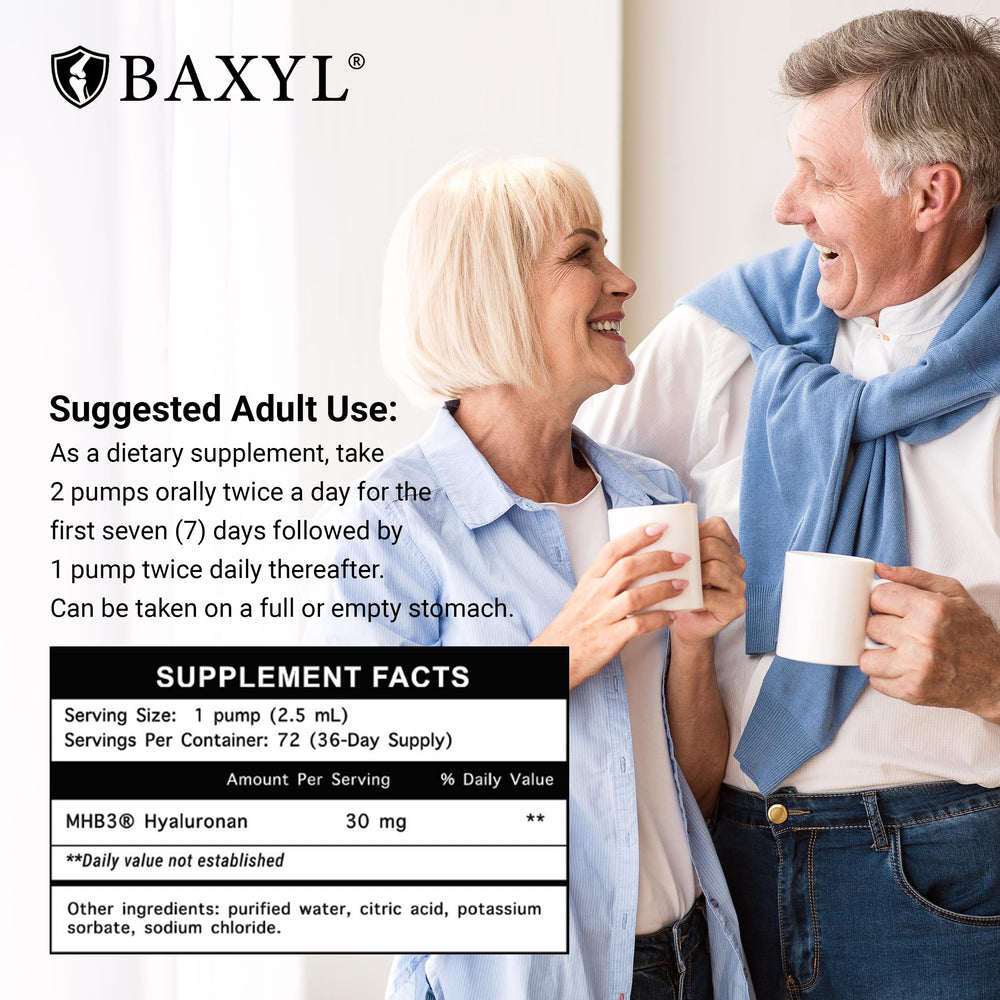 BAXYL bottle close-up of hydrated hyaluronan for skin and cartilage health.