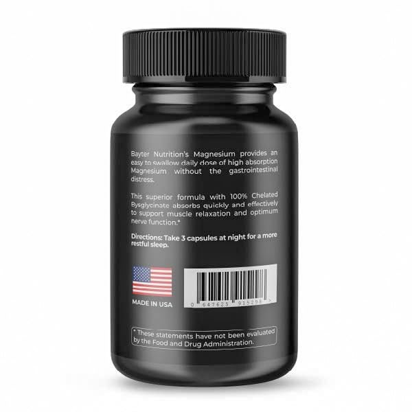 Bayter Nutrition Magnesium Bisglycinate label highlighting premium chelated minerals and purity testing