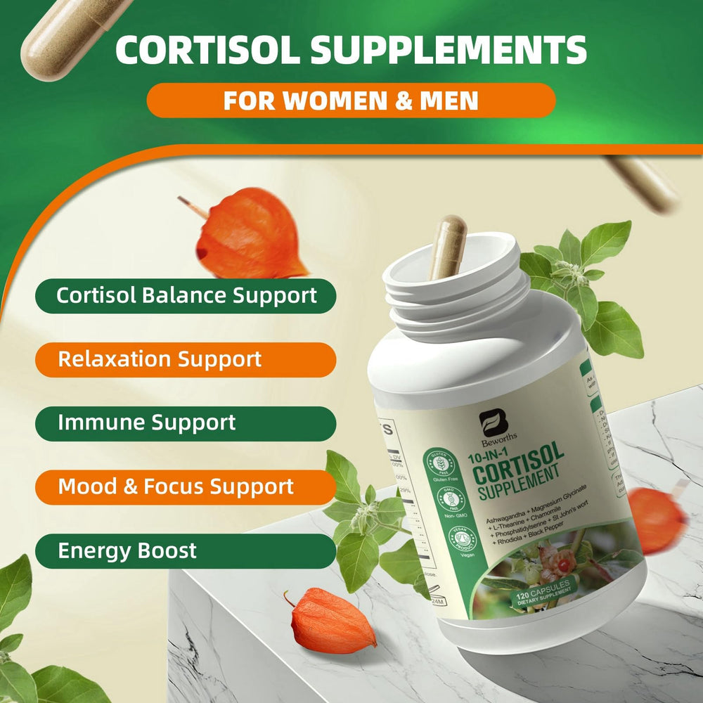 B BEWORTHS Cortisol Manager bottle pour showing capsule flow