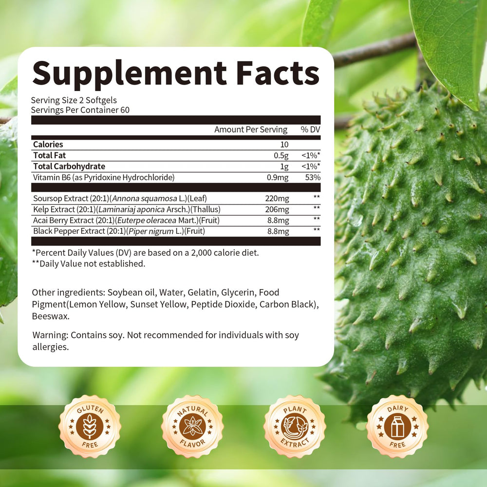 BBEEAAUU Soursop with kelp ingredients close-up highlighting natural nutrients for digestion.