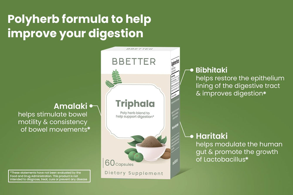 BBETTER Triphala ingredients amla haritaki bibhitaki illustrate traditional digestive balance.