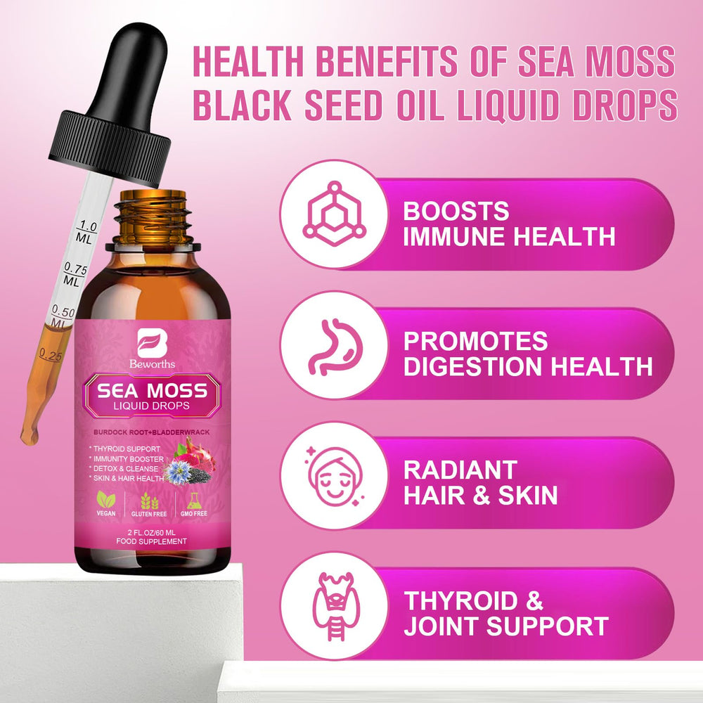 B BEWORTHS Sea Moss Liquid Drops ingredients closeup highlights bladderwrack and burdock root.