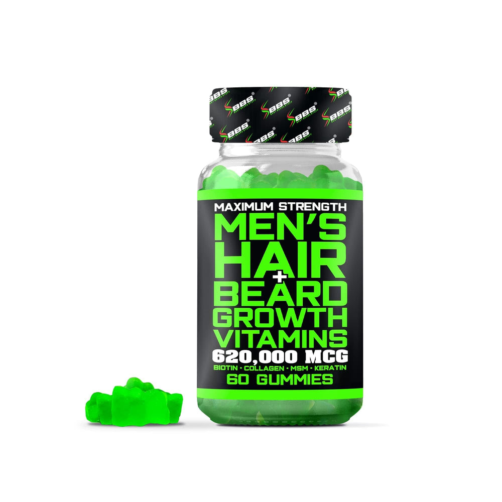 BBS Best Beard Stuff beard growth vitamins bottle pour for daily beard support.