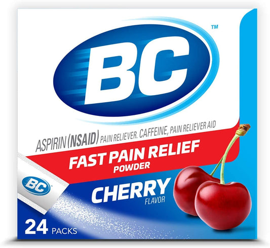 BC Powder Cherry flavor stick pack on tongue for quick relief