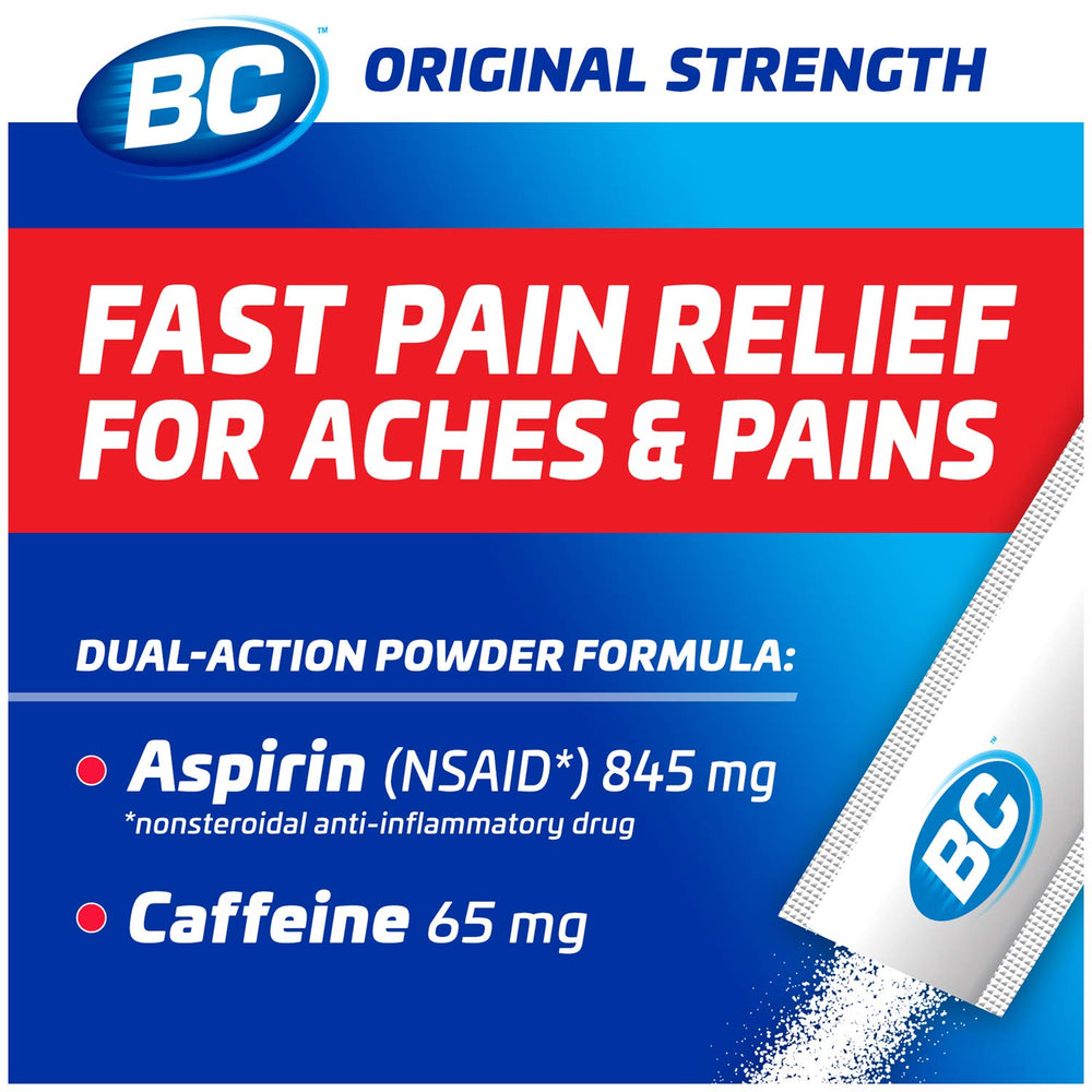 BC Powder Original sticks highlight aspirin-caffeine blend for quick relief.