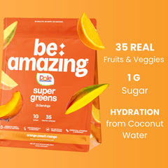BE AMAZING Super Greens powder being poured into a glass for hydration and wellness.