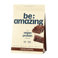 BE AMAZING vegan protein powder scoop with chocolate brownie batter flavor, creamy texture