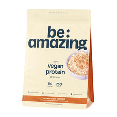BE AMAZING vegan protein powder tub with Brown Sugar Oatmeal for a smooth daily fuel