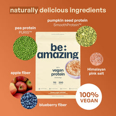 BE AMAZING vegan protein powder shake in glass reveals creamy texture for satisfying nutrition