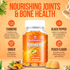 BeElevated Curcumin Turmeric Gummies peach close-up highlighting tasty flavor and convenience