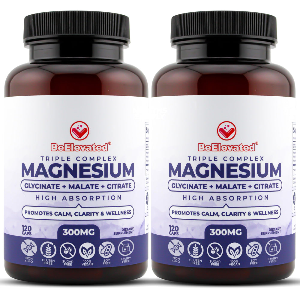 BeElevated Triple Magnesium bottle displayed for daily relaxation and well‑being