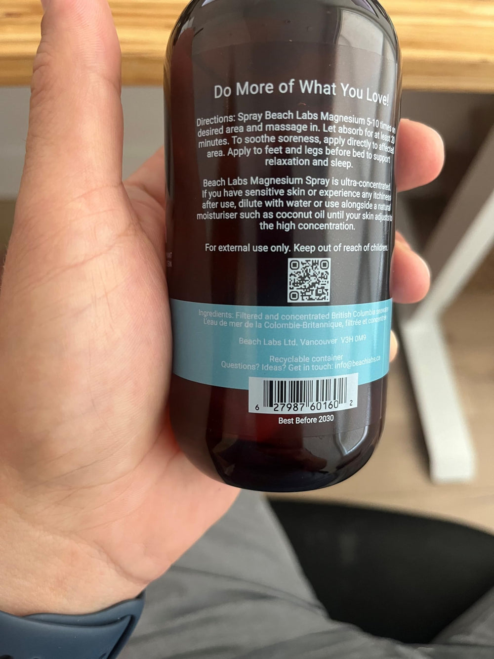 Beach Labs Magnesium Spray canister packaging showcasing Canadian sourcing