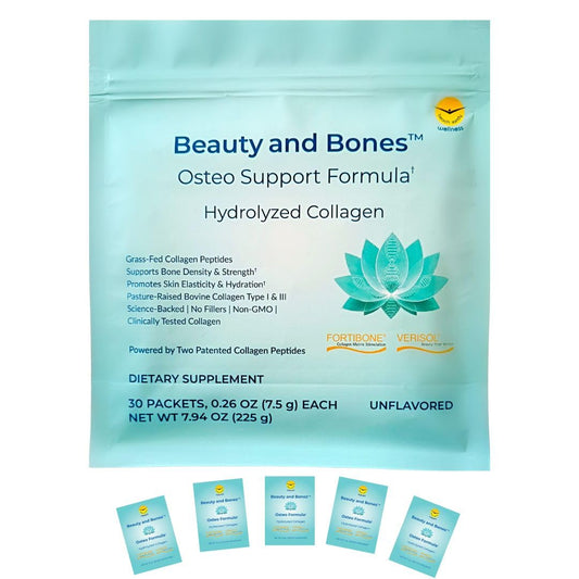 Beach Sandy Fortbone collagen sachets packaging showing bottle and label for bone health
