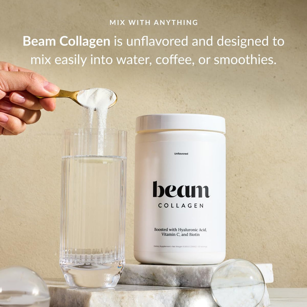 Beam Collagen Powder spoon mixing demonstrates easy daily use into beverages