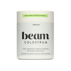 Beam Colostrum Powder with scoop shows a 3g serving for gut health.
