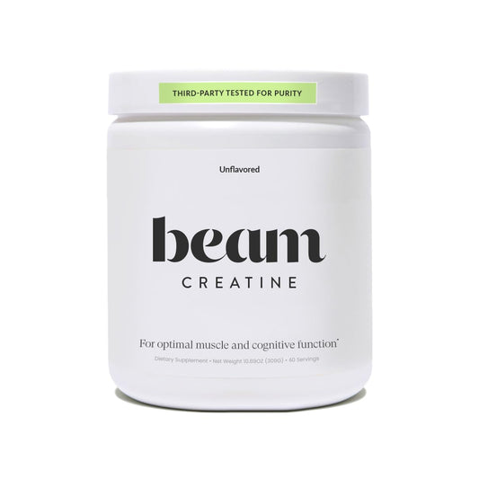 Beam Creatine Monohydrate powder with a 5g scoop for enhanced workout performance.