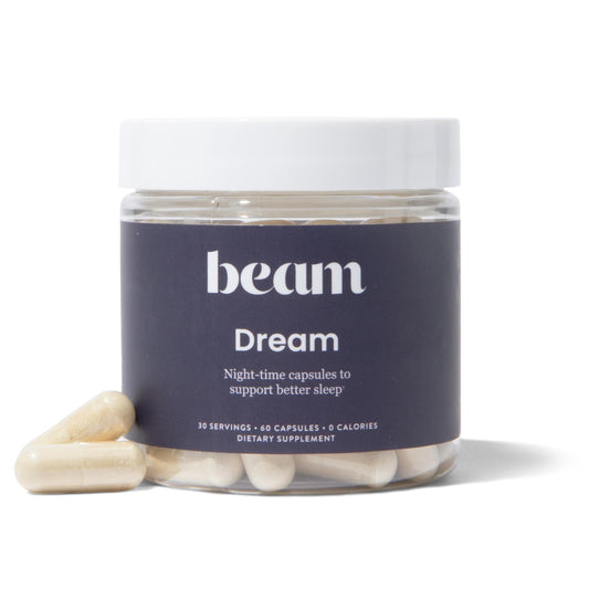 Beam Dream bottle on nightstand promotes calm for restful sleep