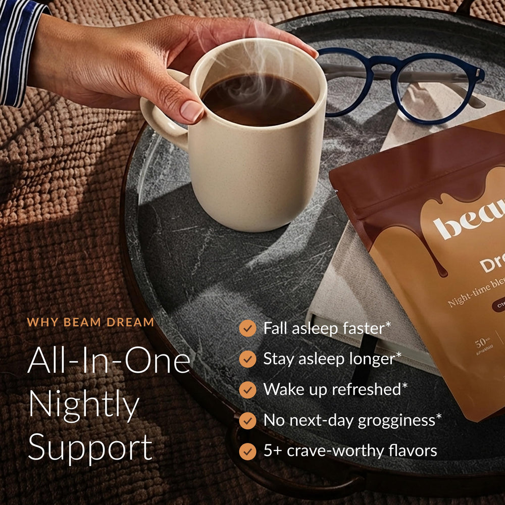Beam Dream Sleep Powder close-up mix supports a relaxing evening moment.
