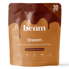 Beam Dream Sleep Powder chocolate PB tub promotes a soothing nightly ritual.