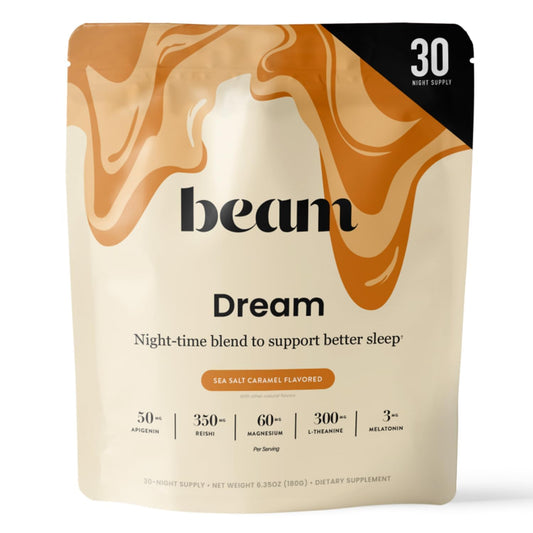 Beam Dream Sleep Powder bottle front view, promoting a calming evening routine.