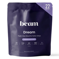 Beam Dream Sleep Powder tub with label for a calming bedtime ritual.