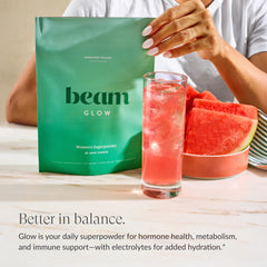 Beam Glow capsules closeup highlights targeted PMS and cycle health support.