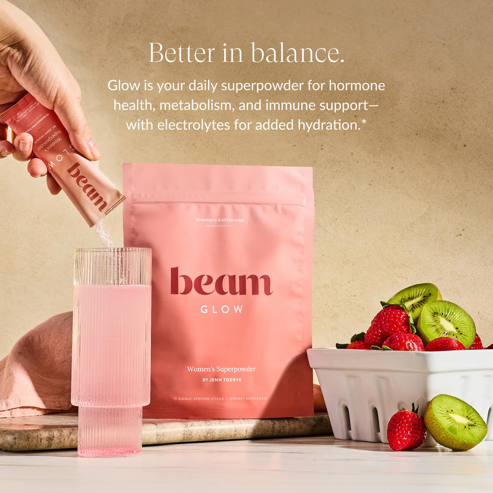 Close-up of Beam Glow capsules highlighting ashwagandha and minerals