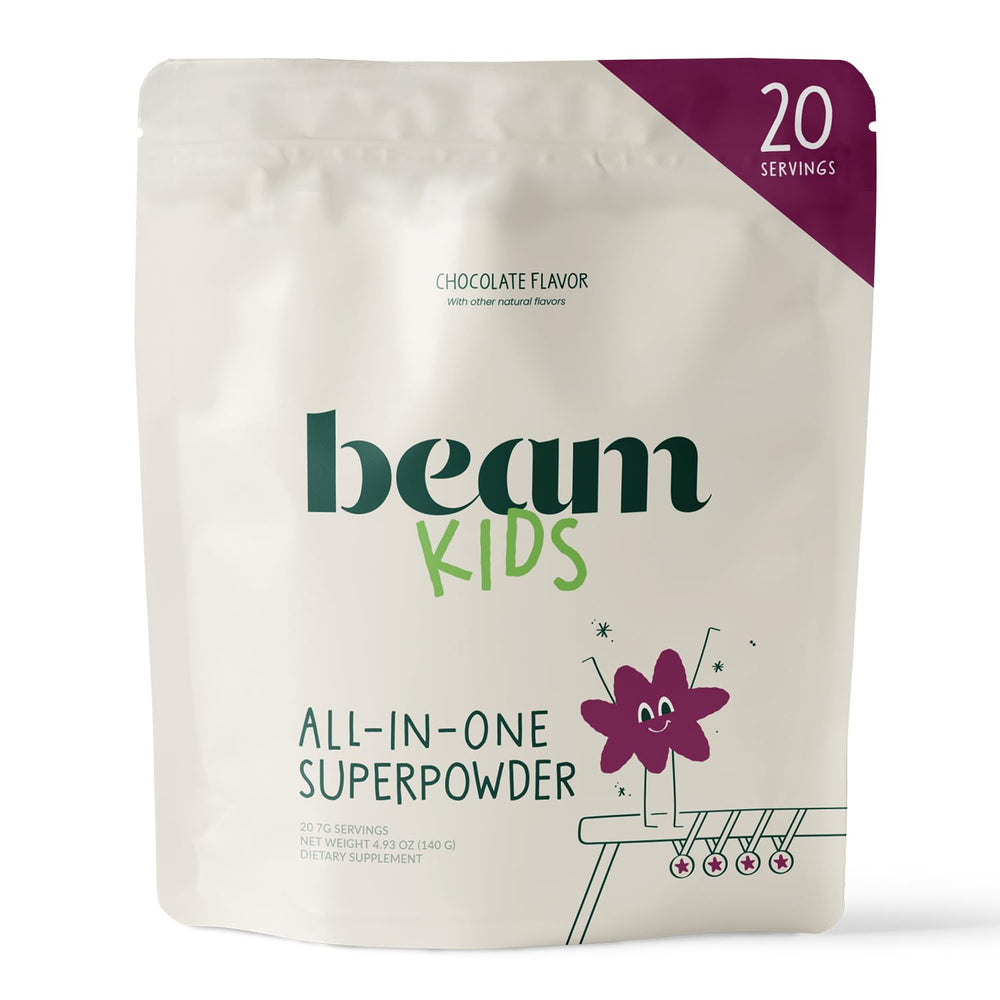 Beam Kids Multivitamin Powder scoop stirred into milk for daily nutrition.