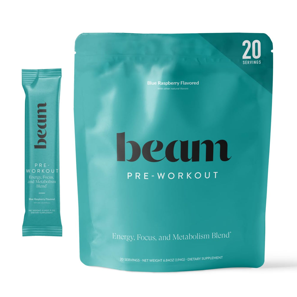 Beam Pre Workout blue raspberry flavor tub ready to mix for energy and focus
