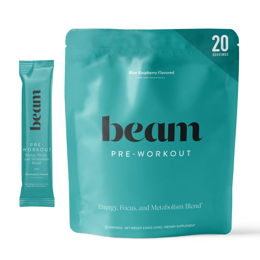 Beam Pre Workout blue raspberry flavor tub ready to mix for energy and focus