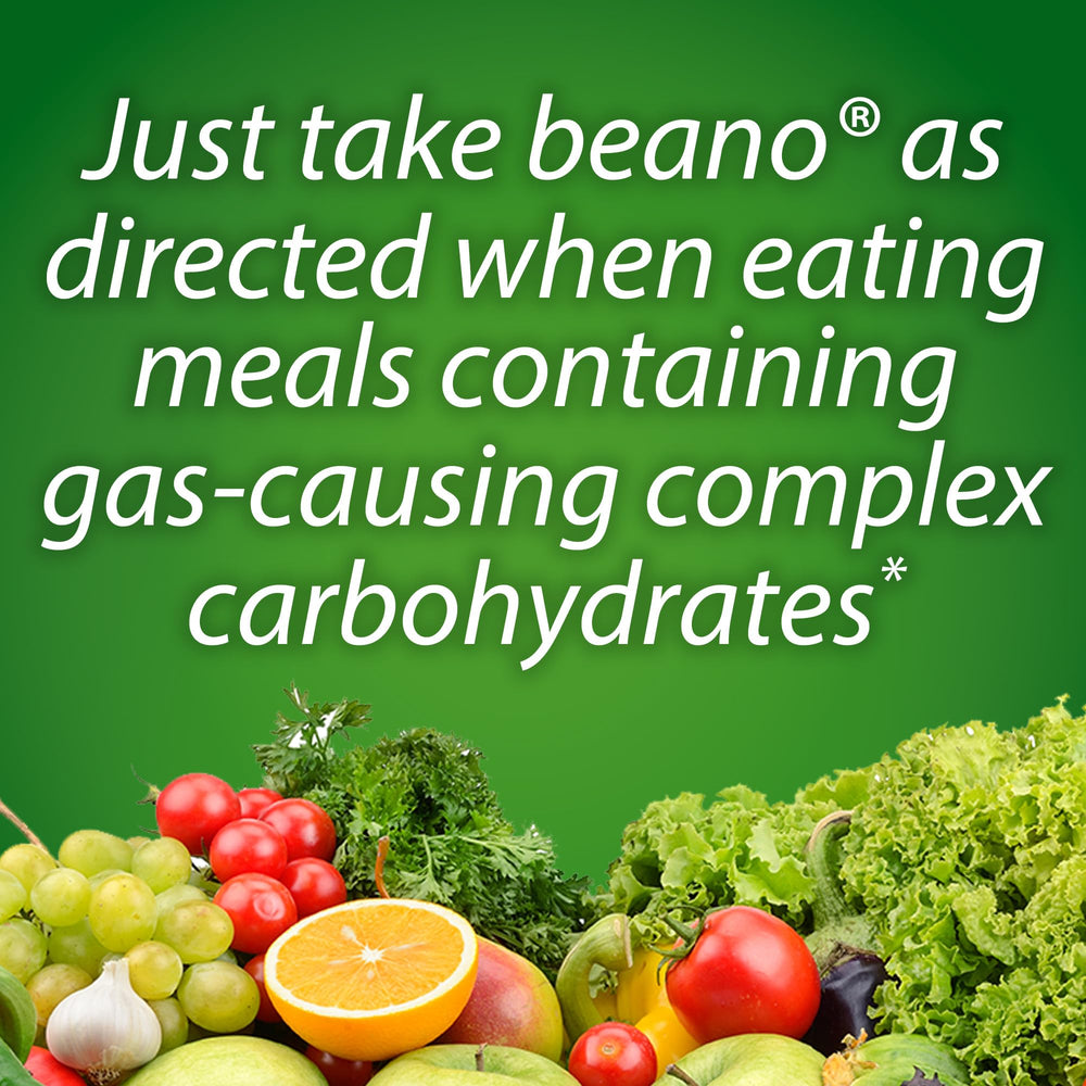 Beano bottle-pour image illustrates tablet delivery after a meal