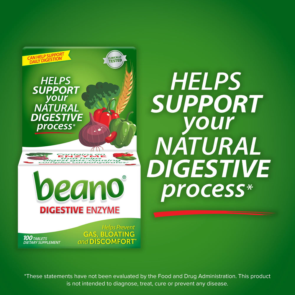 Beano tablets-close-up highlights natural enzyme for digesting gas-causing foods