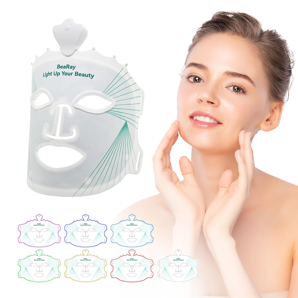 BeaRay red light therapy mask face closeup for at-home skin texture enhancement.