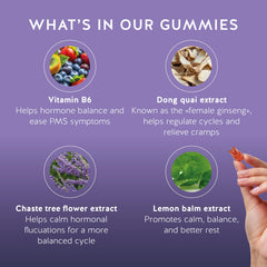 Bears with Benefits PMS Support Gummies closeup, lemon balm and chasteberry ingredients
