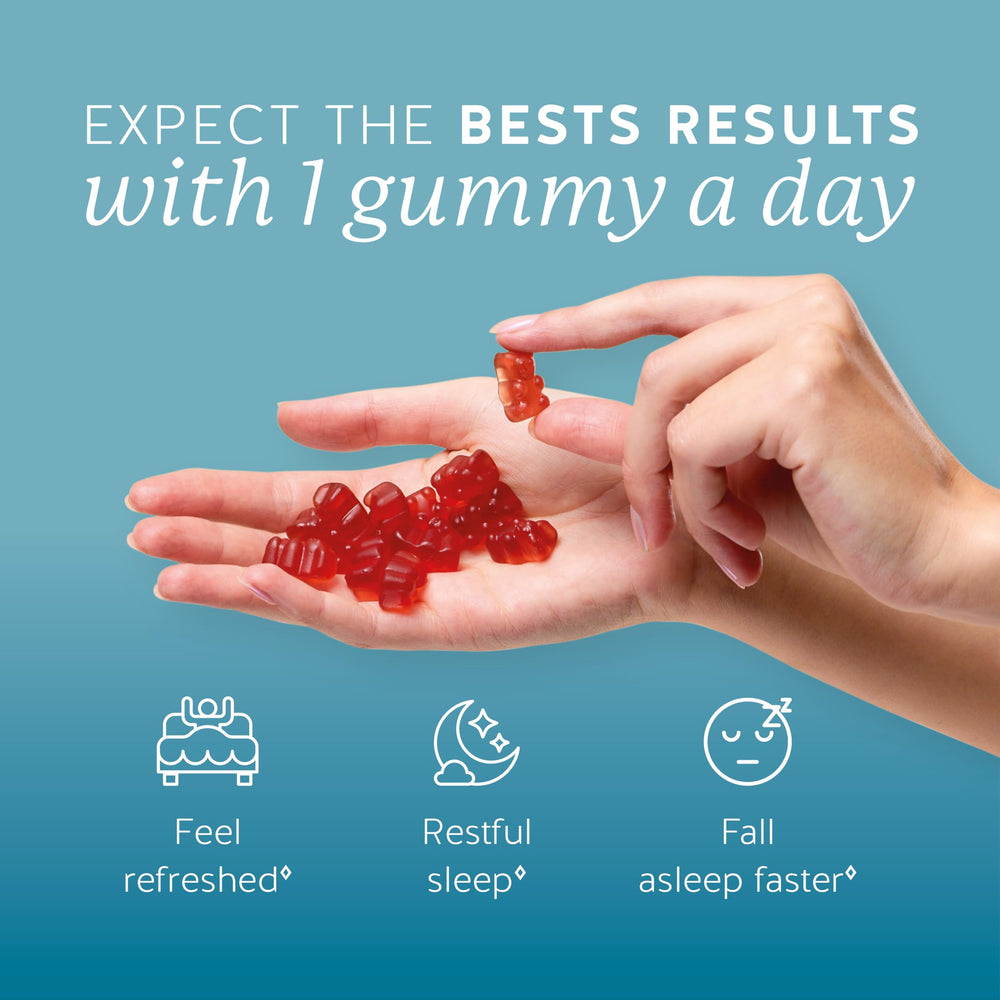 Bears with Benefits Super Snooze gummies, foreground texture, showing fruity flavor for nightly use.