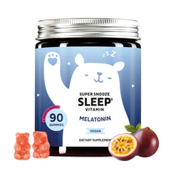 Bears with Benefits vegan melatonin gummies close-up, 90-count bottle, for a smoother evening routine.