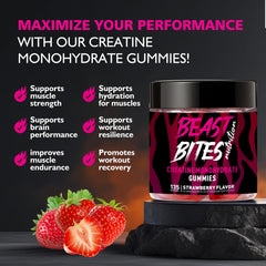 BEAST BITES Creatine Monohydrate Gummies close-up showing strawberry flavor