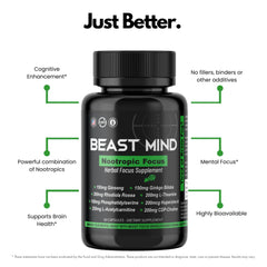 Beast Mind Focus capsules closeup emphasizing easy-to-swallow form for sustained mental energy.