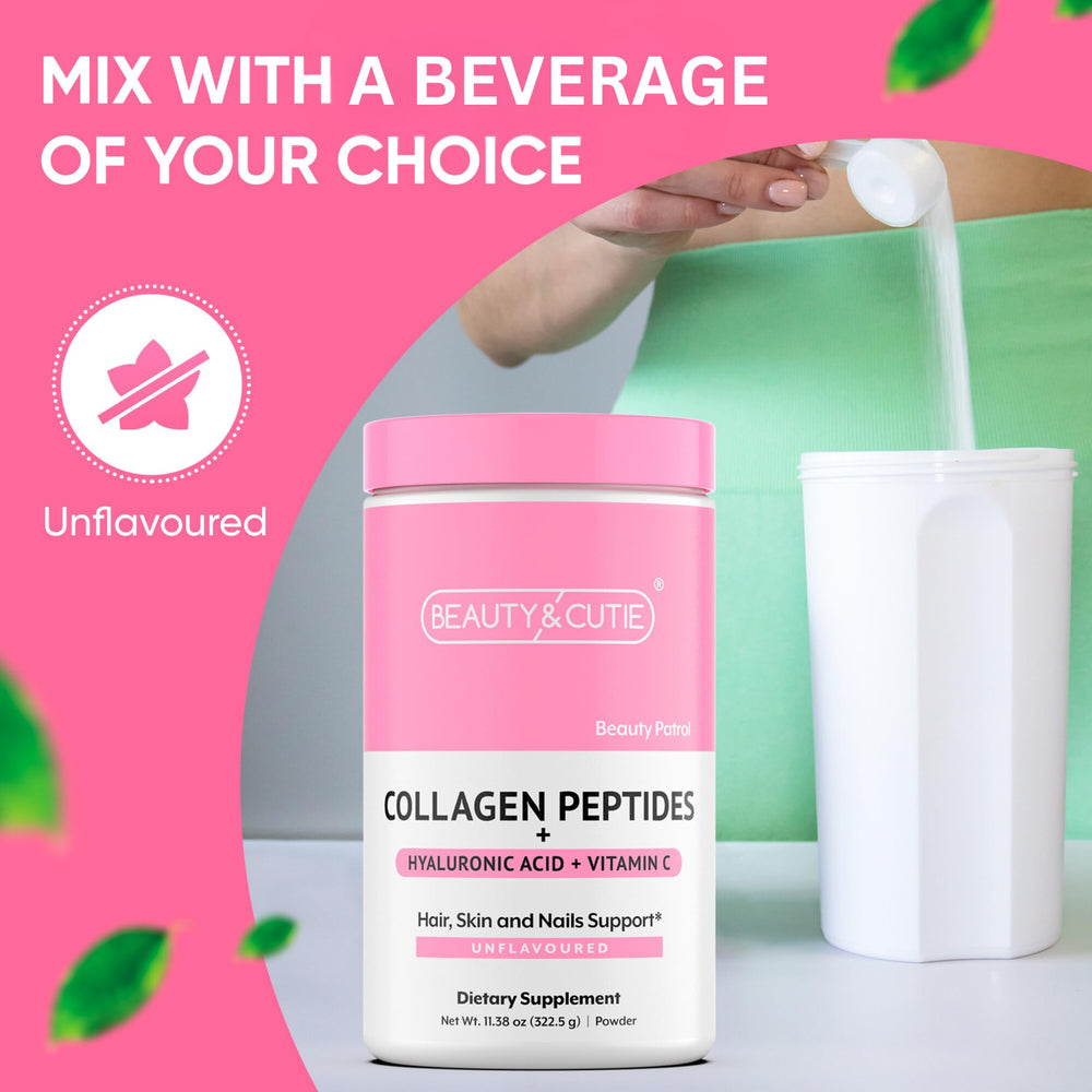 Beauty and Cutie unflavored collagen powder with scoop blends into drinks