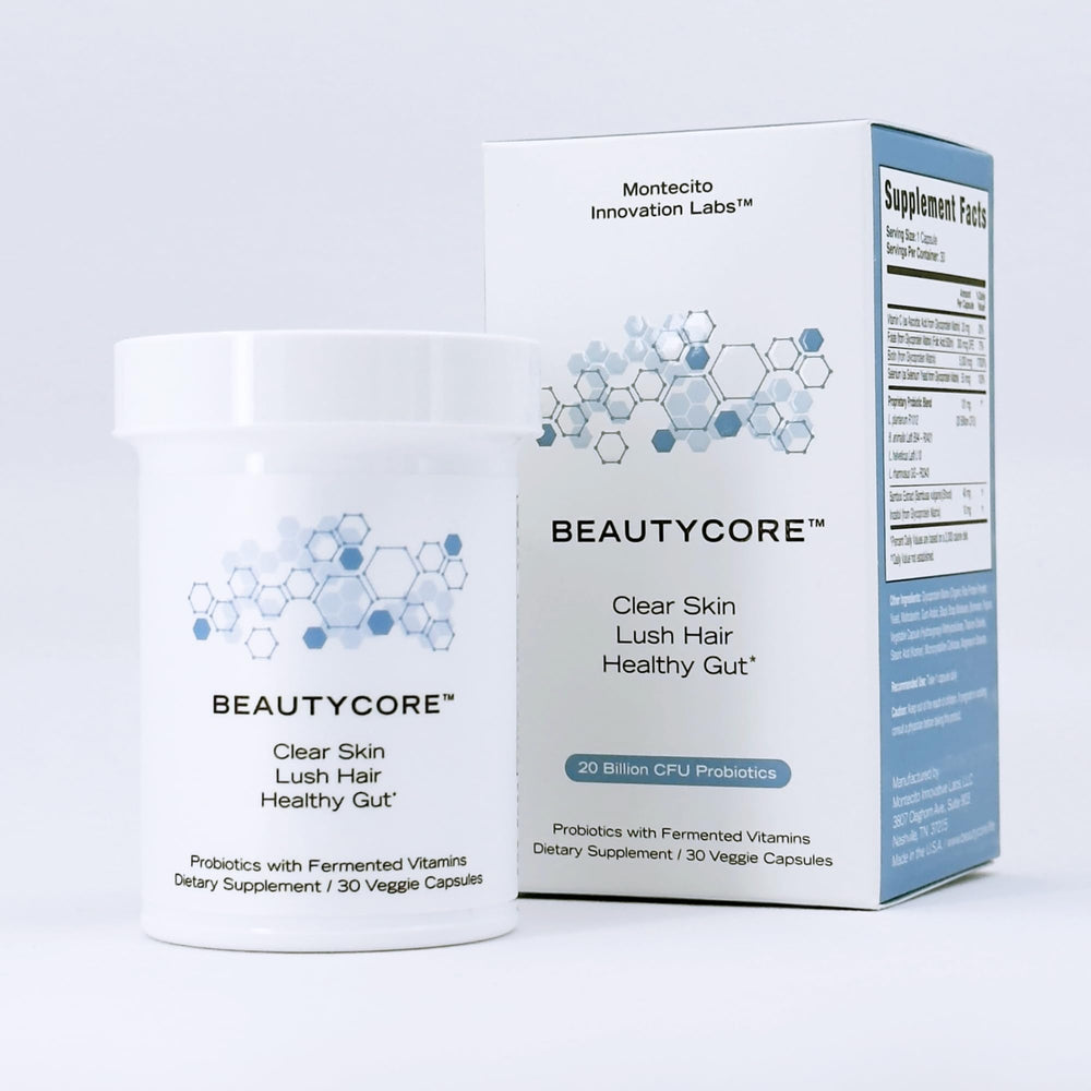 Beautycore supplement bottle label emphasizes skin glow and hair strength.