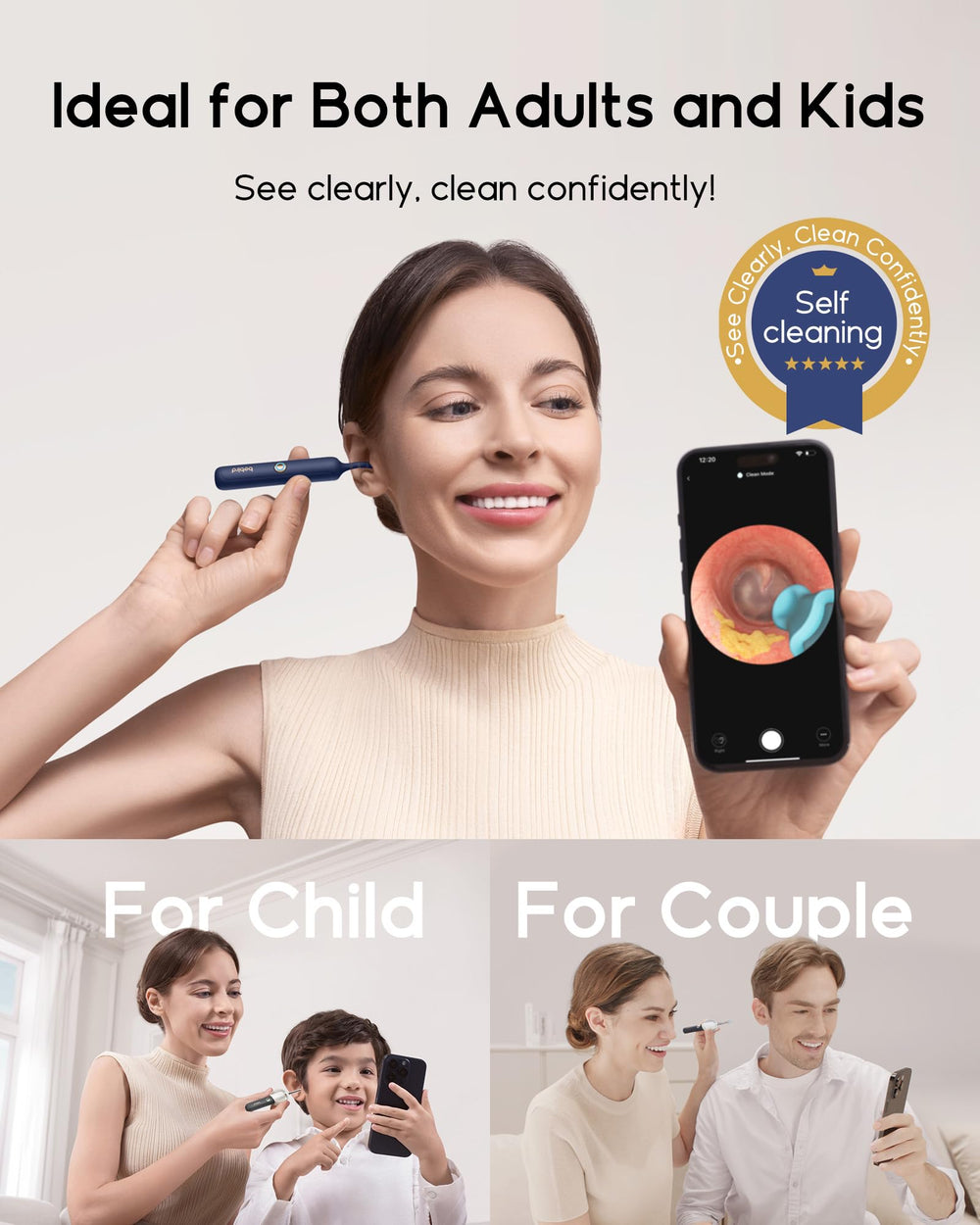 BEBIRD Earsight Plus pain-free tweezers show camera-guided wax removal without skin contact.