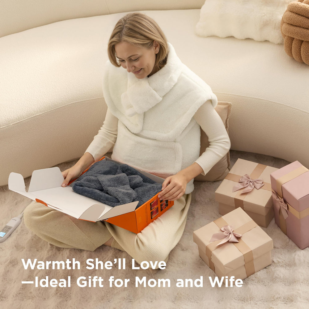 Bedsure heating pad neck wrap in grey fleece for versatile warmth.
