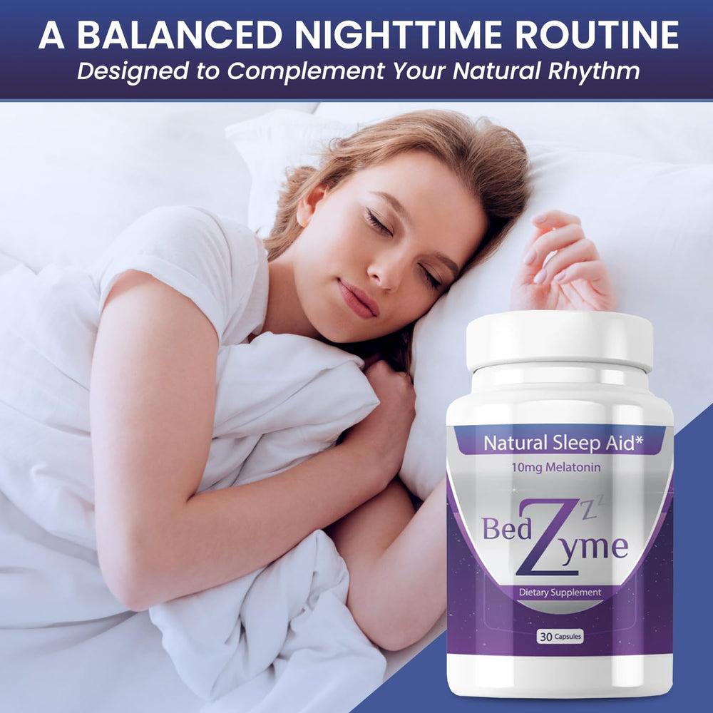 BedZyme Sleep Aid dosage scene showing two capsules per serving