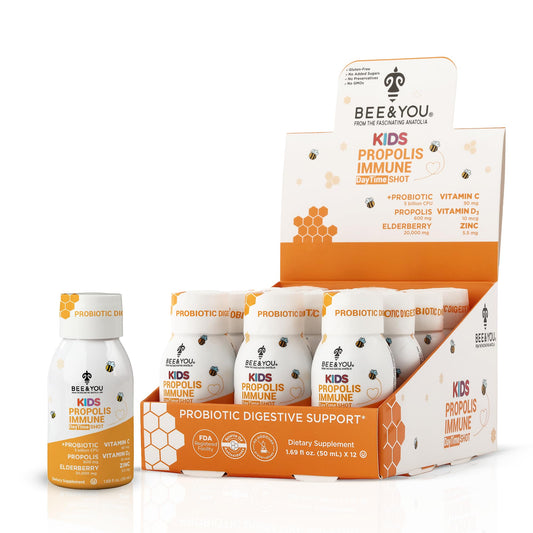 Bee and You Kids Propolis Shot packaging front highlights kid-friendly immune support.