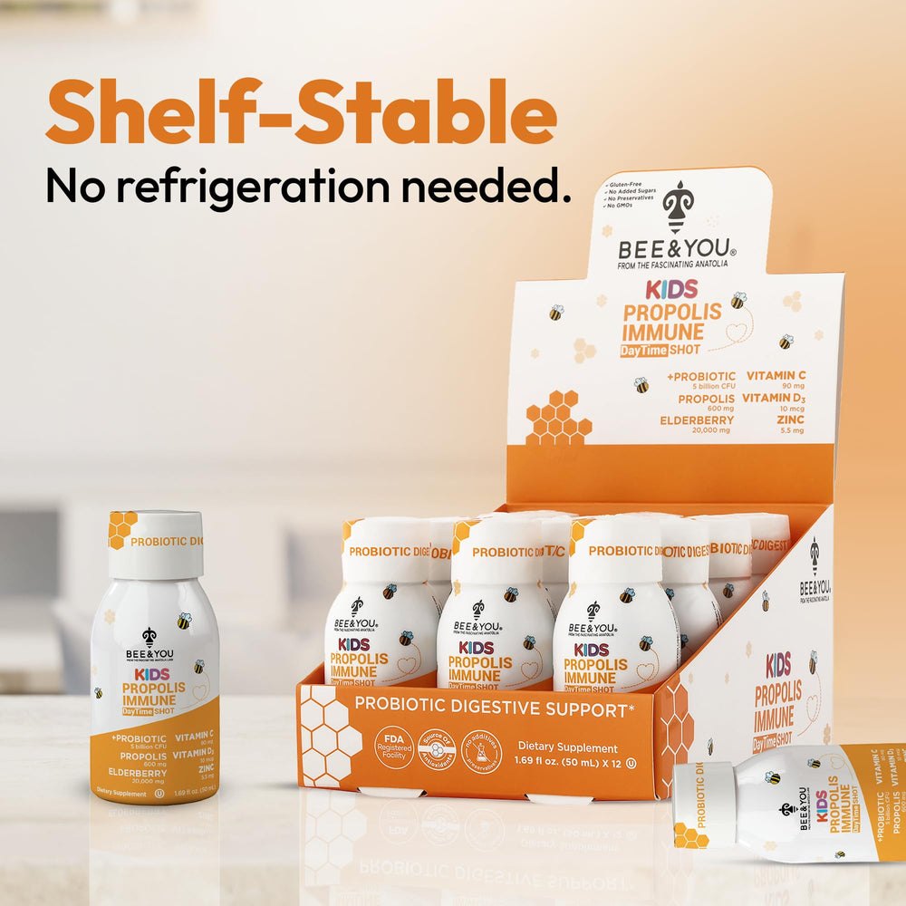 Bee and You Kids Propolis Shot sustainably sourced beekeeping practices highlighted.