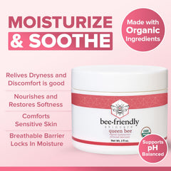 BeeFriendly moisturizer texture swirl indicating non-sticky, long-lasting feel.