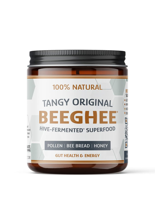 BEEGHEE Live Probiotic Bee Bread jar on shelf highlights living cultures for gut health.